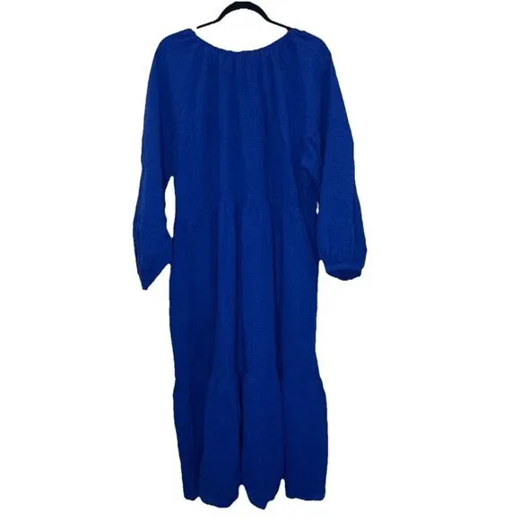Old Navy Dress Women XXL  2XL Blue Maxi Tiered Seersucker Cotton Cottagecore - Picture 10 of 15